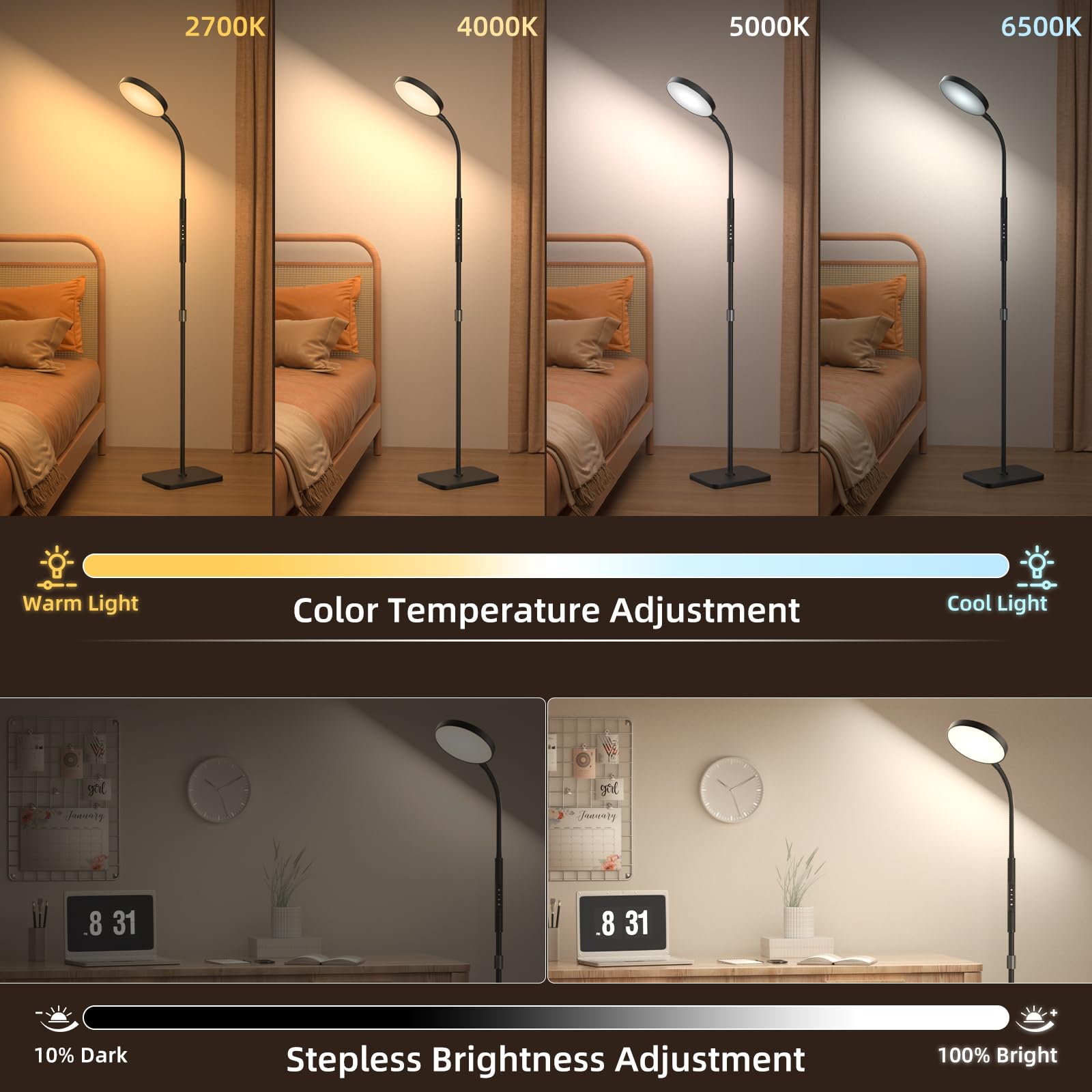 PACOVY Adjustable Height Floor Lamp - 120 LED Super Bright, Dimmable Gooseneck, Remote & Touch Control, Black, Perfect for Living Room & Office